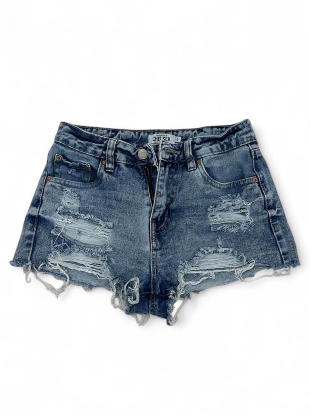 Distressed High-Rise Denim Shorts - Blue